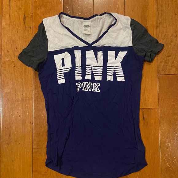 PINK Victoria's Secret Tops - PINK Victoria's Secret Navy and Gray Short Sleeve Tee